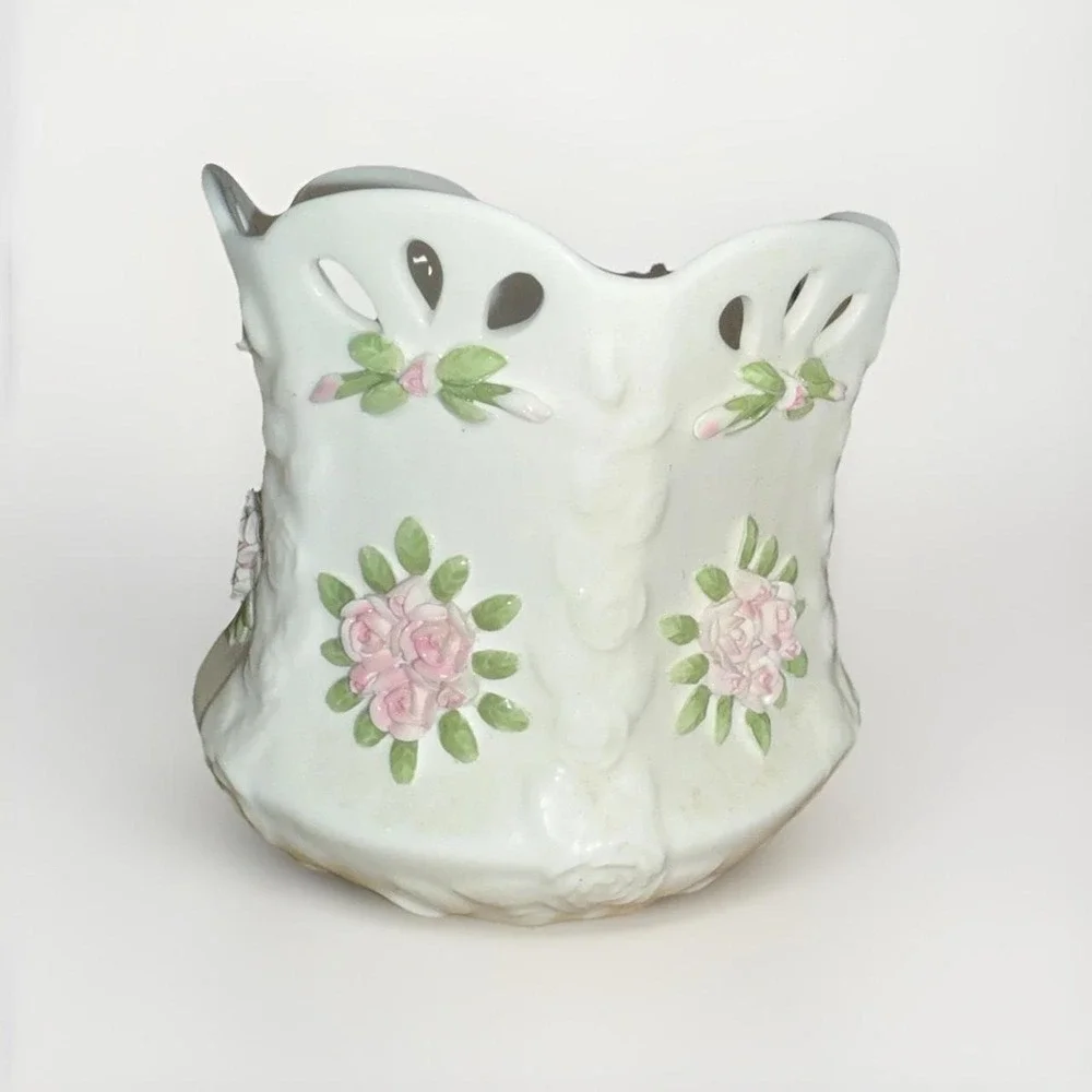 Fine Bone China Applied Pink Rose Reticulated Scalloped Bowl Made in Philippines